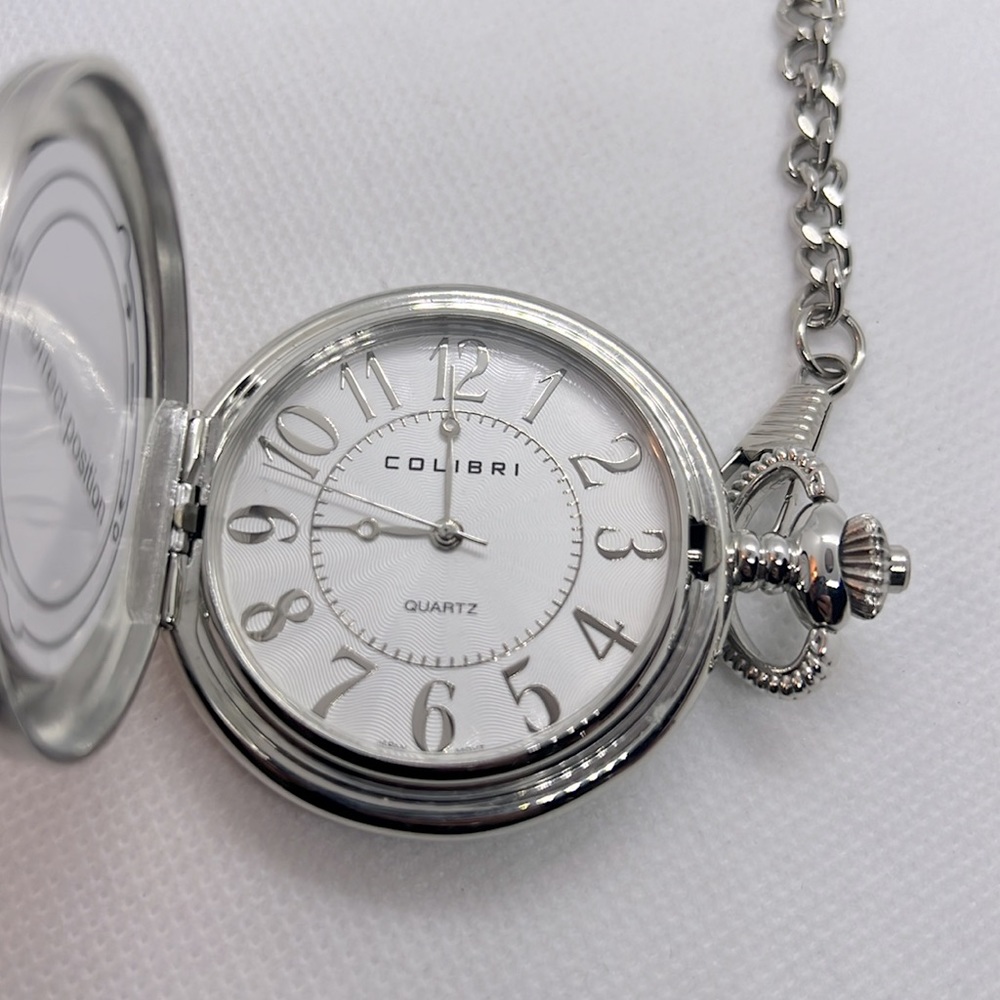 Colibri of London 17 Jewel Pocket Watch, picture frame, chain & Box Silver-tone - Picture 5 of 16